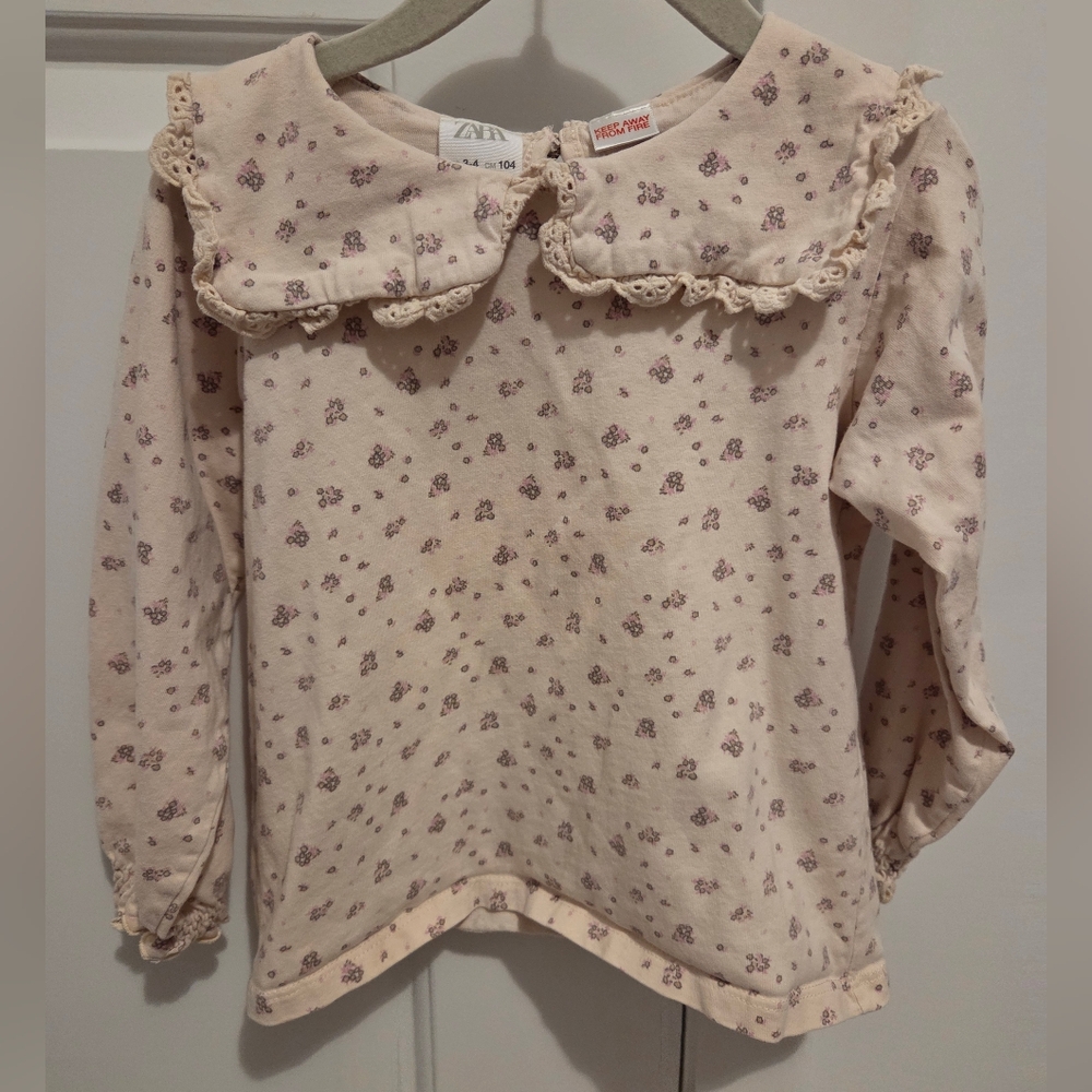 Zara Cream Top with Pu Floral Print and Lace Collar - 3-4T